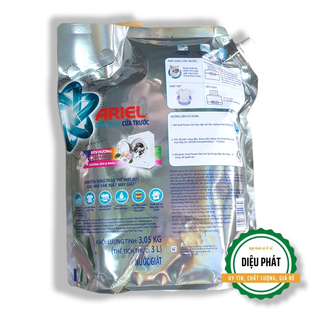 ⚡️  Nước Giặt Ariel Chuyên Gia Cửa Trước Bền Hương Bền Màu Hương Sen & Nhài Túi 3 Lít
