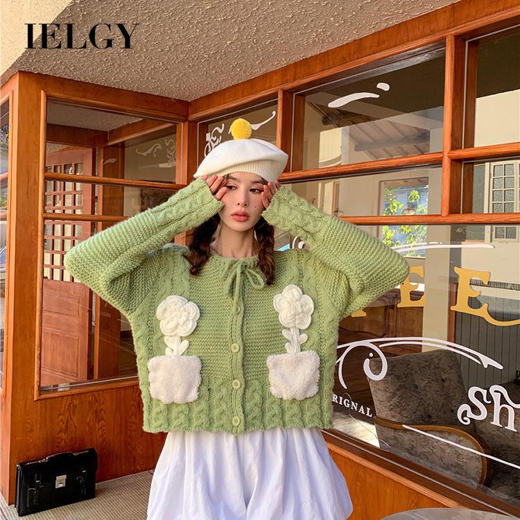 IELGY    Áo cardigan Dệt Kim Tay Dài Dáng Ngắn Thời Trang Hàn Quốc Cho Nữ