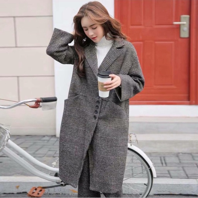 Áo khoác blazer dạ kẻ chần túi nắp, Áo khoác dạ kẻ chần hai lớp siêu dày dặn oversize dáng dài, dáng ngắn