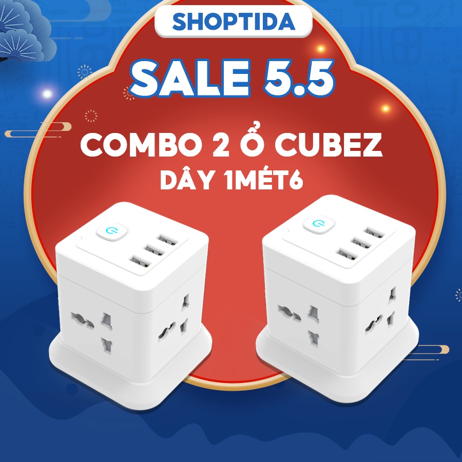 Combo 2 Ổ Cắm Điện Đa Năng CubeZ Shoptida 3 cổng USB sạc tối đa 12W và 4 Ổ Điện chịu tải 2500W Dây nối dài 2.4M