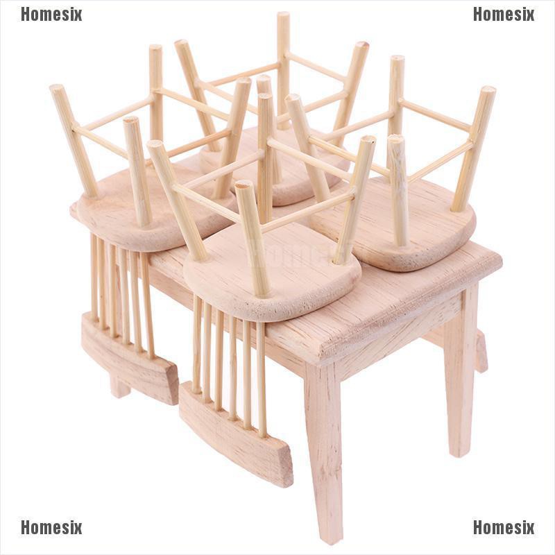 [HoMSI] 1:12 Dollhouse Miniature Furniture Wooden Dining Table with 6 Chair Model Set SUU