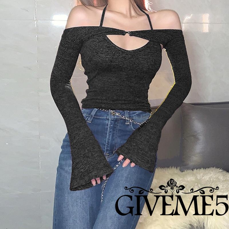 Set đồ 2 món gồm áo croptop cổ yếm buộc dây và tay áo loe dài ôm dáng mùa hè cho nữ