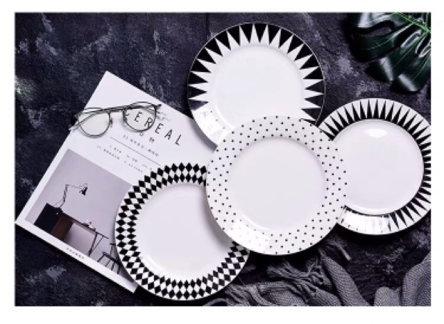 Set 2, 4 đĩa sứ đen trắng cá tính cao cấp bát đĩa sứ đĩa sâu lòng đĩa nông