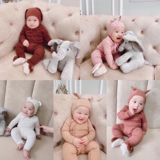 Bộ Body Len Tăm Kèm Mũ Tai Thỏ Cho Bé 5-16kg Mặc Thu Đông