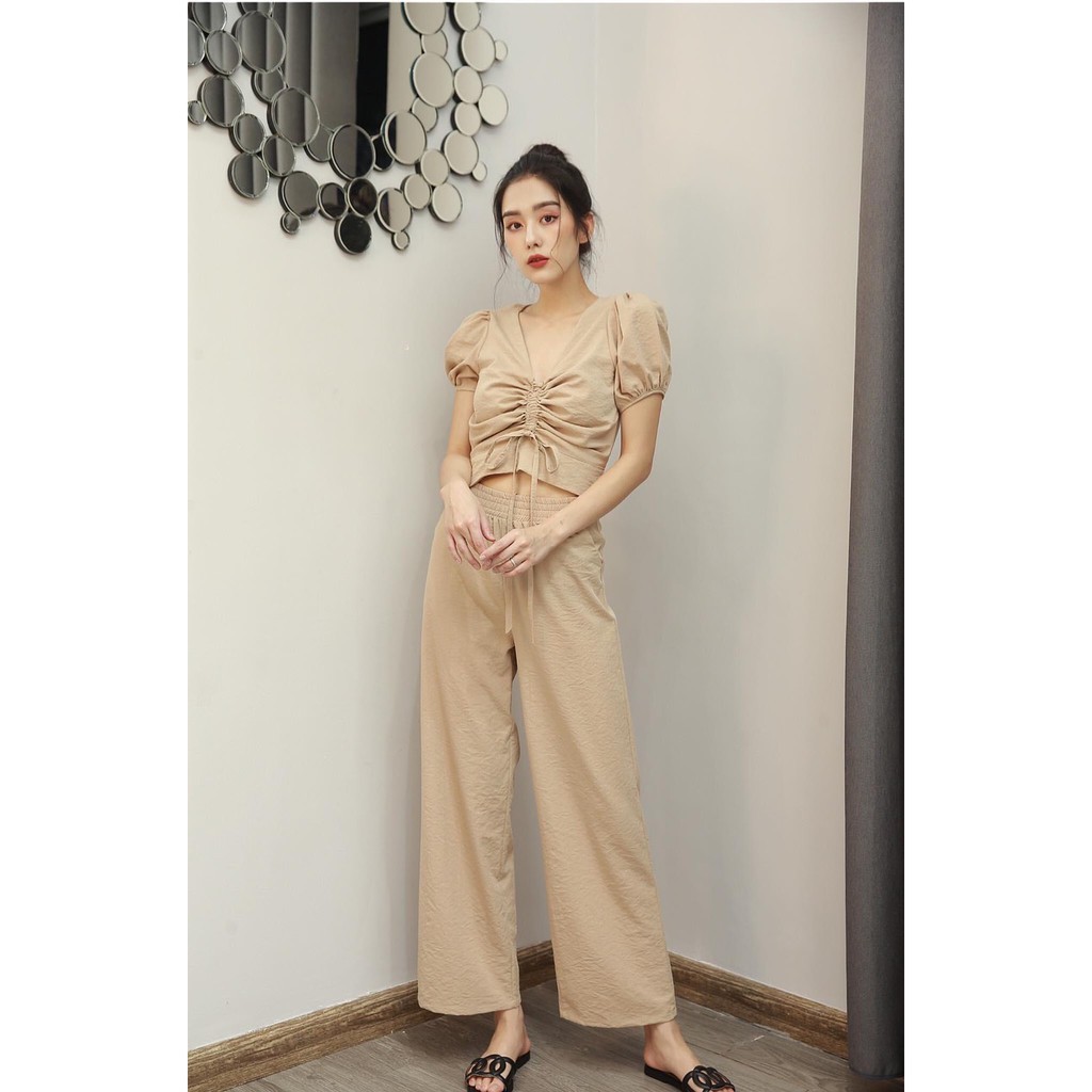 Set 2 món áo rút dây quần suông cao cấp - Bộ đũi rút ngực quần dài   | BigBuy360 - bigbuy360.vn