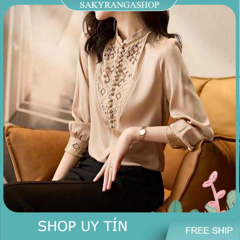 HÀNG NHẬP - ÁO KIỂU LỤA CỔ TRỤ ĐÍNH NÚT BỌC PHỐI REN