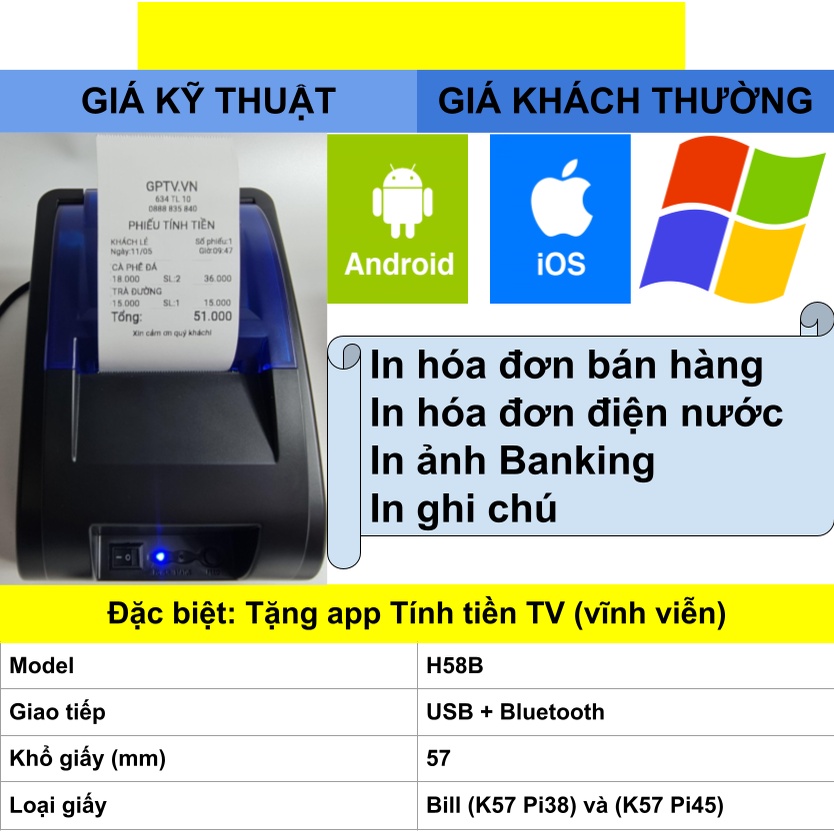 Máy in bill Bluetooth KiotViet Sapo Viettelpay Đại lý Shopee Hóa đơn Phiếu tính tiền