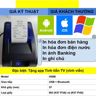 [GPTV-H58B] Máy in bill Bluetooth KiotViet Sapo Viettelpay Đại lý Shopee Hóa đơn Phiếu tính tiền