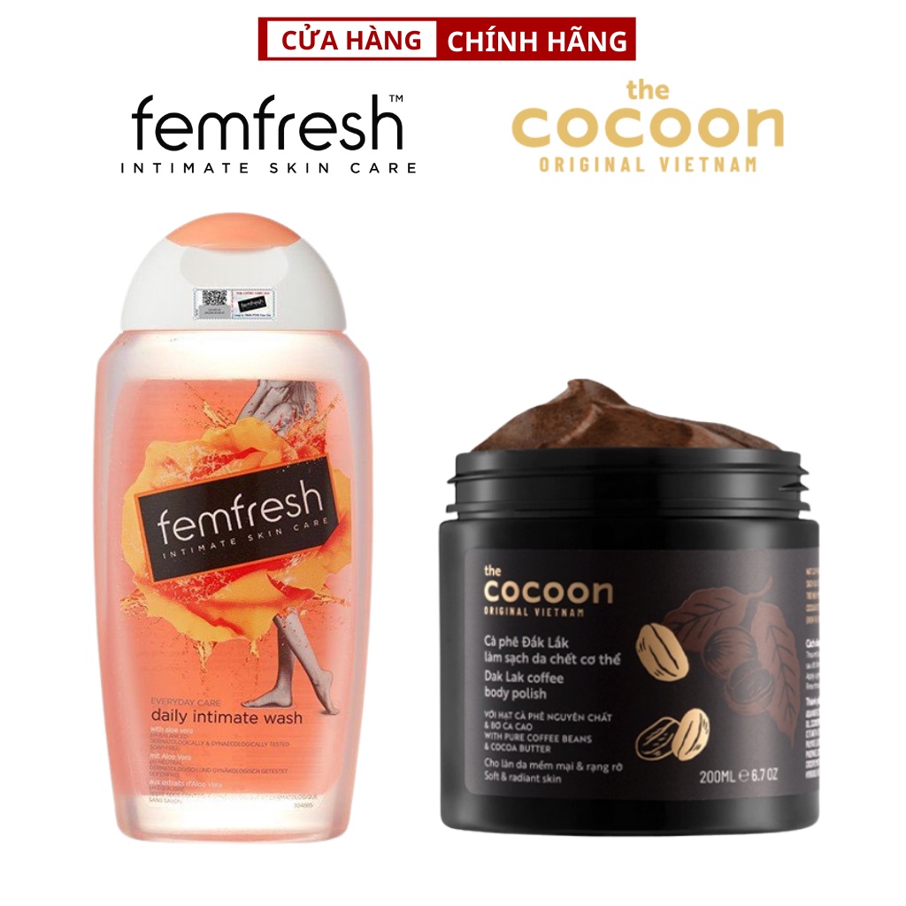 Combo Dung Dịch Vệ Sinh Phụ Nữ Hàng Ngày Femfresh 250ml + Tẩy da chết cơ thể cà phê Đắk Lắk Cocoon 200ml