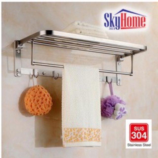 Giá treo khăn + để quần áo 2 tầng đa năng Inox SUS 304 Skyhome bảo hành chính hãng