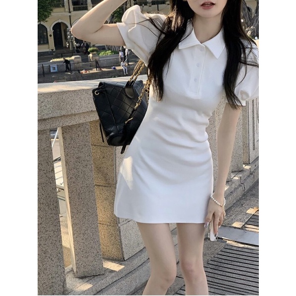 Váy Đầm Polo Nữ Tay Phồng - Halinh Shop - Váy Cổ Sơ Mi Trơn Cộc Tay Body Xoè Nhẹ Phần Chân Váy size S M