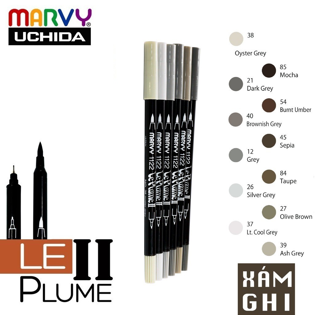 Bút brush hai đầu MARVY UCHIDA LE PLUME II tông Đen- Xám - Ghi