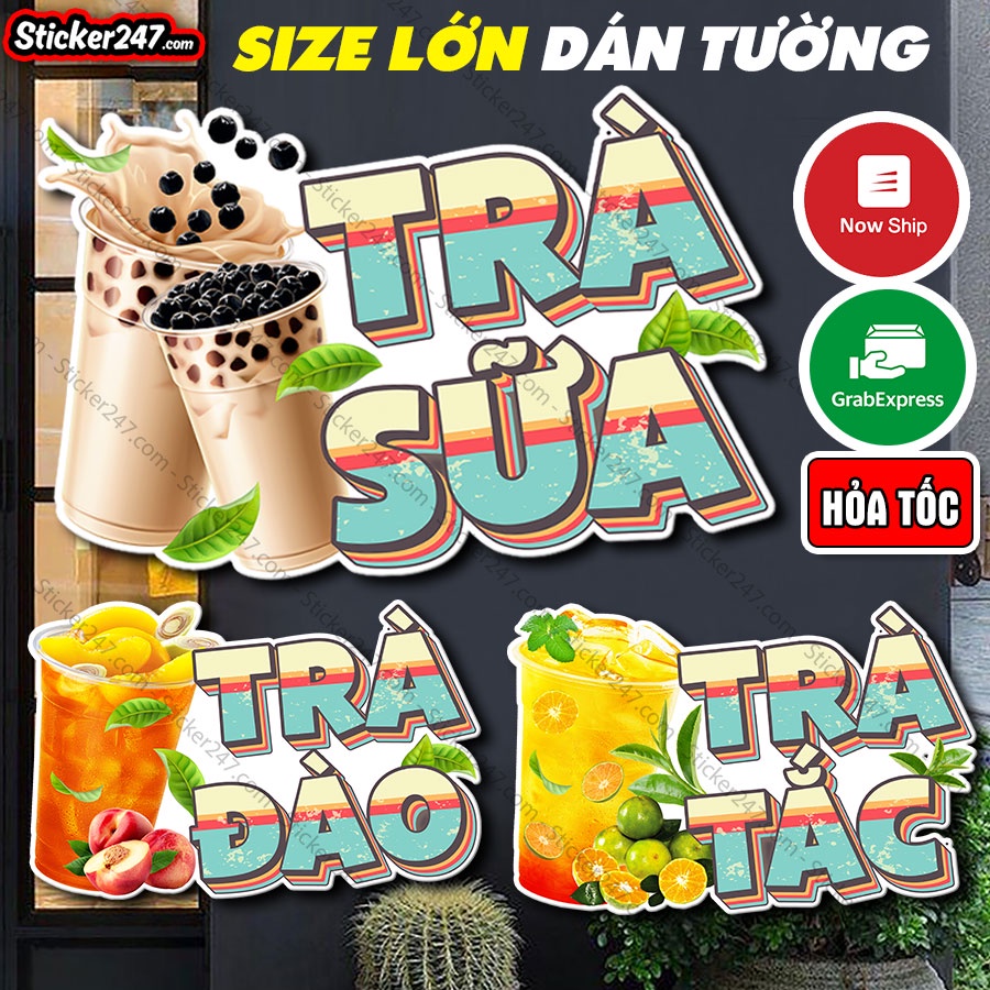 Hình dán Trang Trí Quán Trà Sữa Vintage 🌈𝑭𝒓𝒆𝒆𝒔𝒉𝒊𝒑 Decal Dán Tường Ly Trà Sữa, Trà Đào, Trà Tắc Cổ Điển - Chống Nước