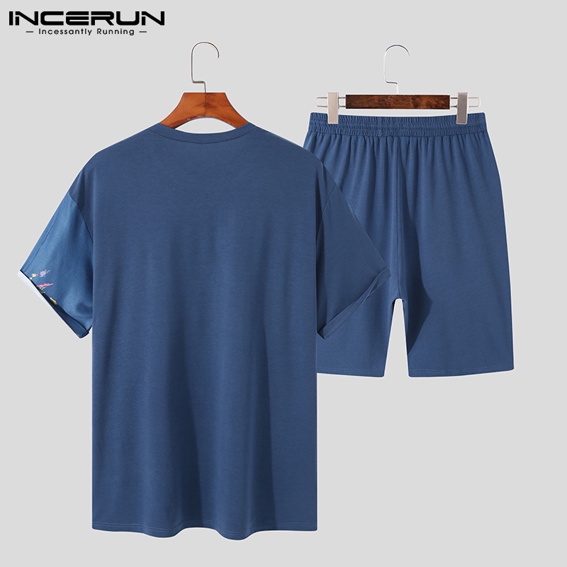 Bộ đồ thun nam INCERUN với áo và quần short dây rút in họa tiết thời trang mùa hè