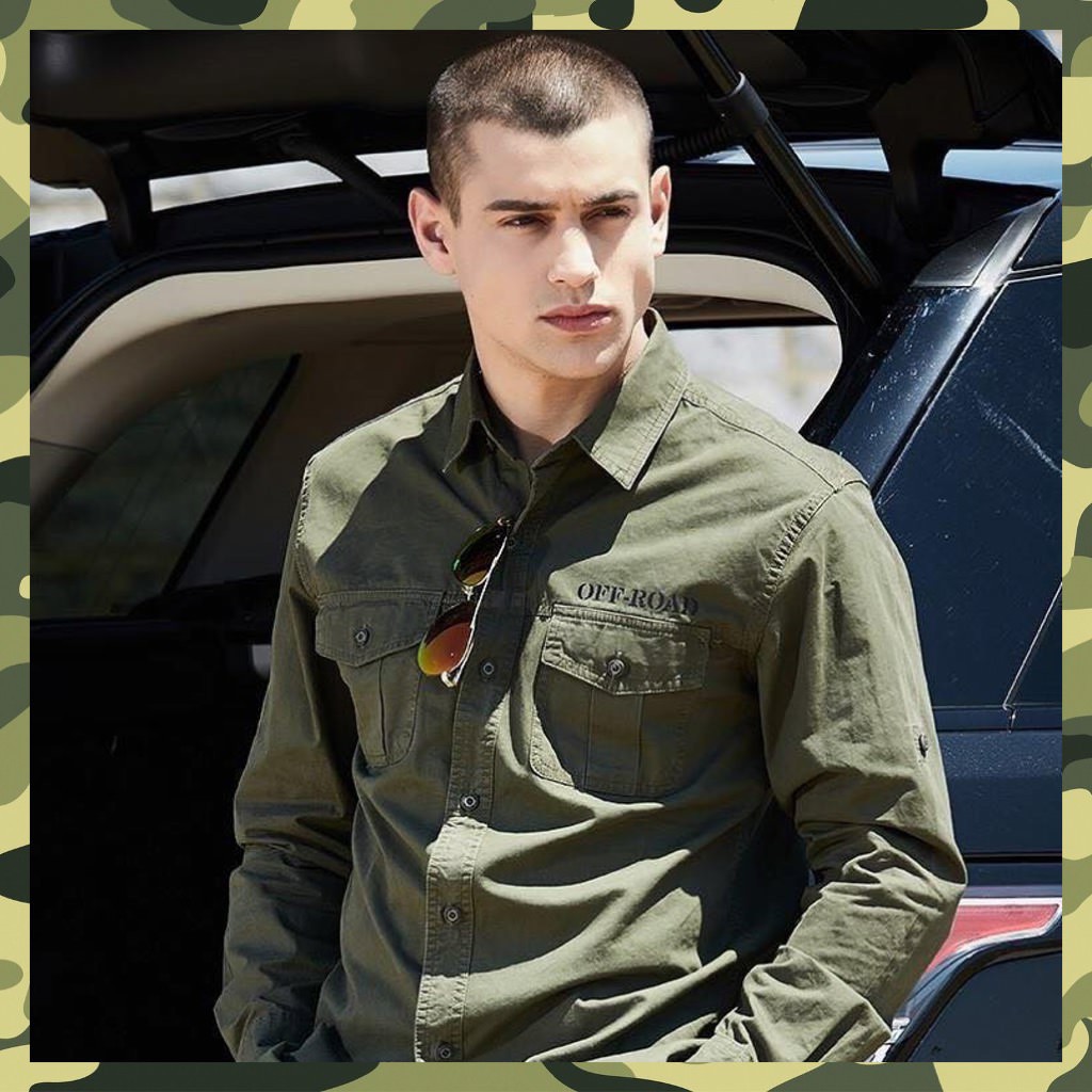 Sateen áo sơ mi lính khaki túi hộp nam dài tay phong cách mặc đi phượt, đi rừng, chạy mô tô chính hã