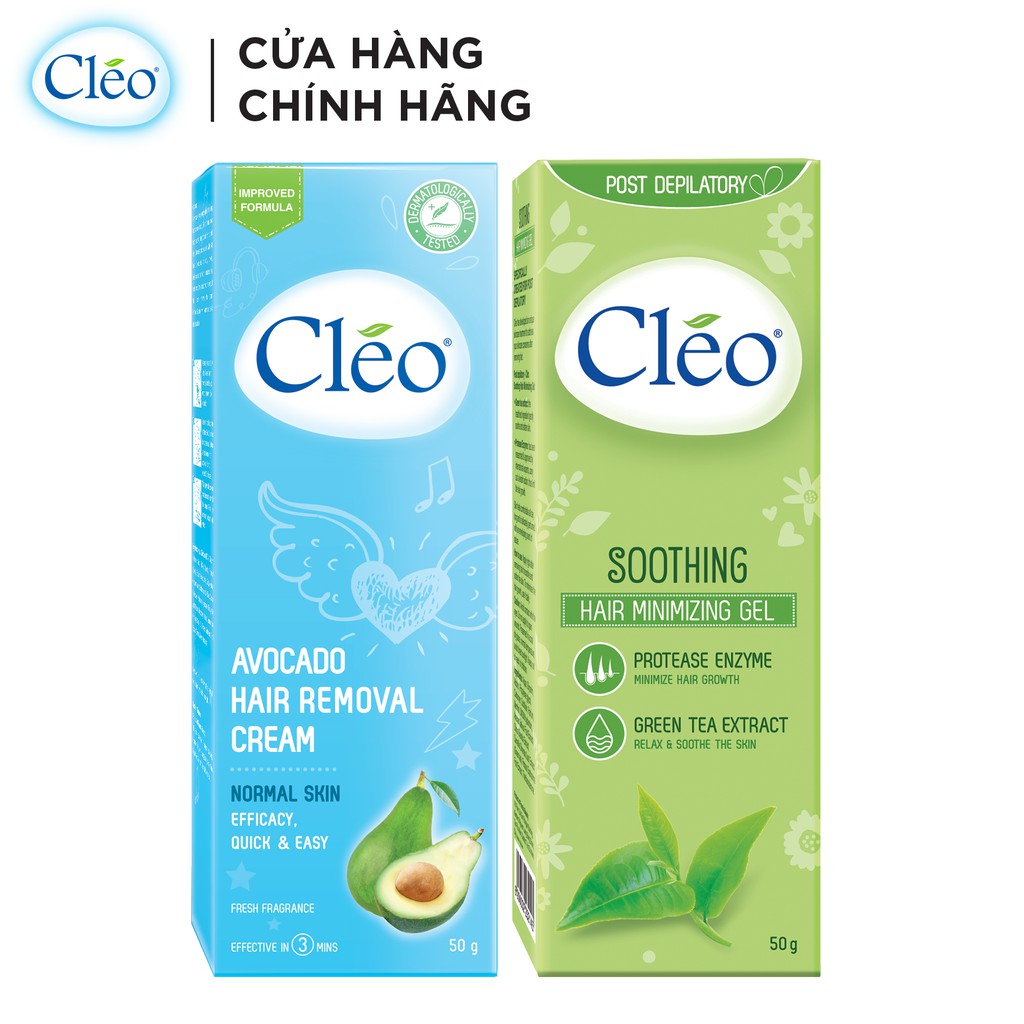 Bộ đôi Kem tẩy lông Cléo cho da thường 50g và Gel dịu da Cléo giúp chậm mọc lông 50g