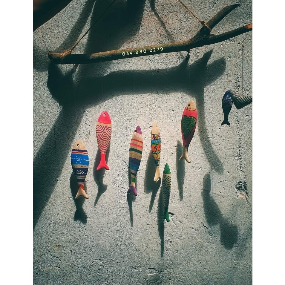 Cá gỗ trang trí decor 15cm- Cá mộc gỗ màu be sáng treo Nhà Hàng Quán Ăn,Cửa, Sảnh,Cho Bé tô màu làm thủ công