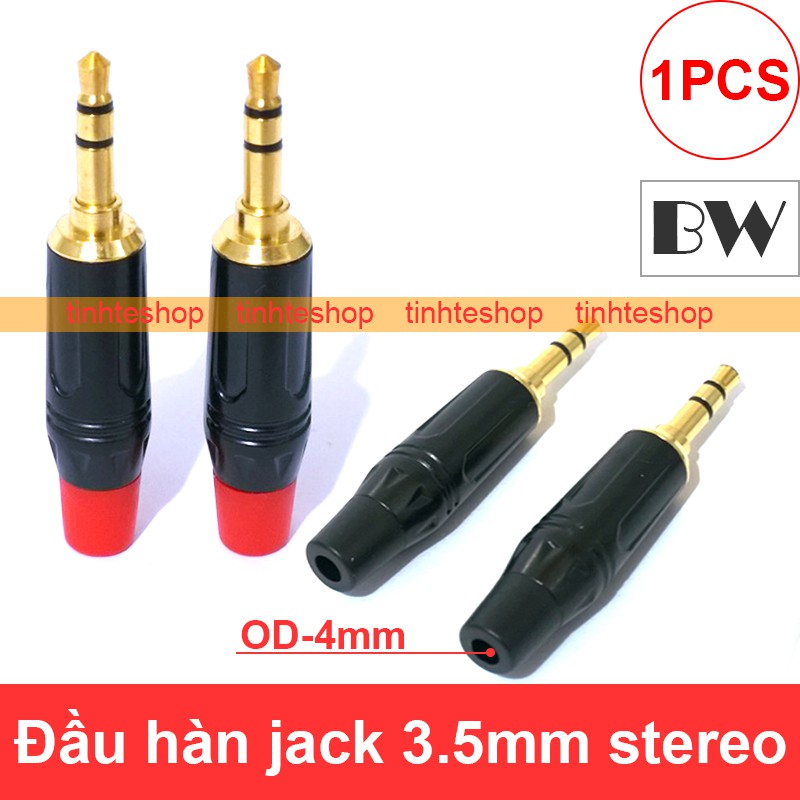 Đầu hàn jack cắm audio 3.5mm 3 nấc stereo gold 24K chuôi cắm cao su OD-4mm (1 chiếc đen/đỏ)