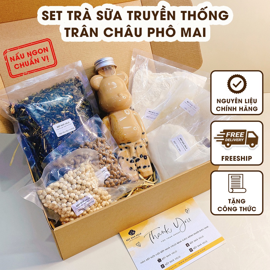 Set Trà Sữa Truyền Thống Trân Châu Phô Mai - Trà sữa Pana Cotta - Nấu được 4.5L Cốt Trà - Bếp Nhà Velo