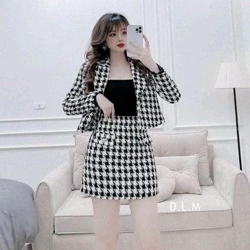 Set dạ tweed kẻ caro 2 lớp bản to lấp lánh