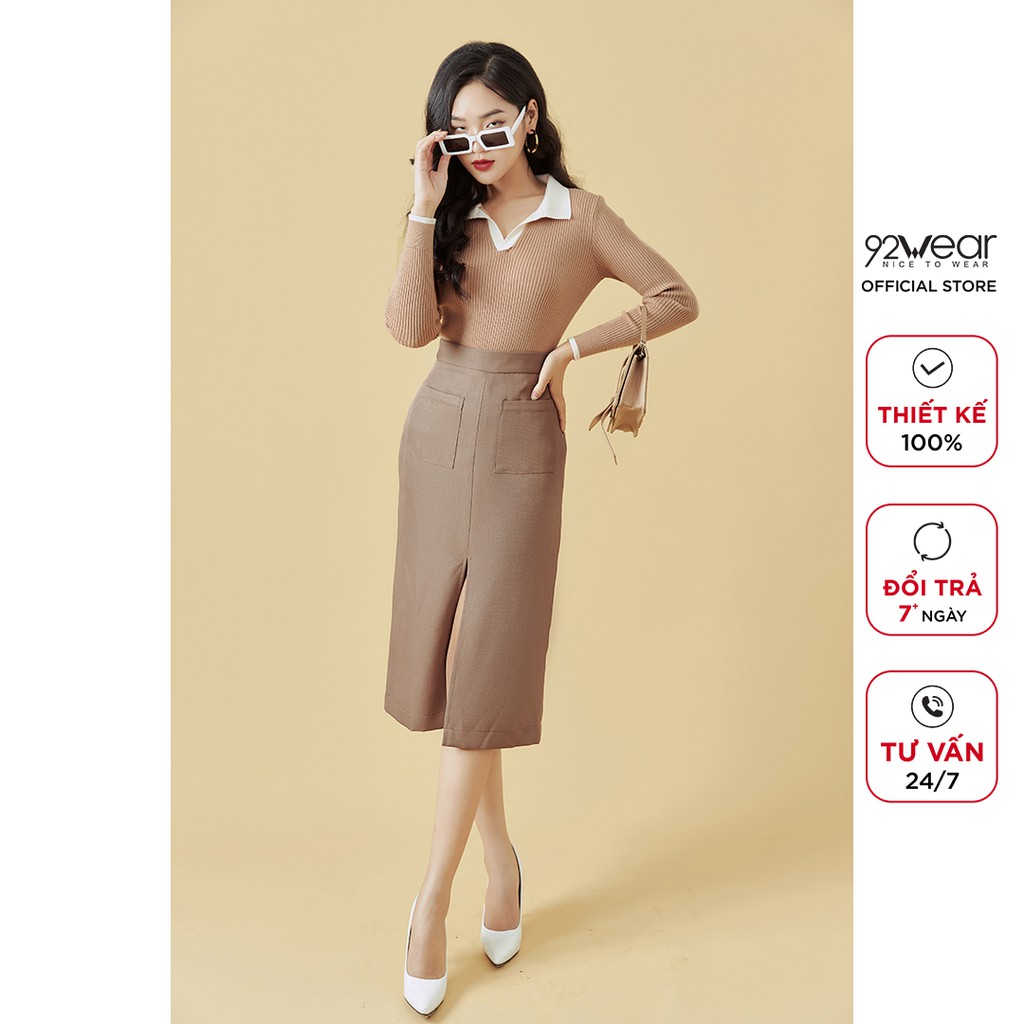 Áo len dài tay mỏng phối cổ 92WEAR, co giãn, tôn dáng ALA0061 | BigBuy360 - bigbuy360.vn