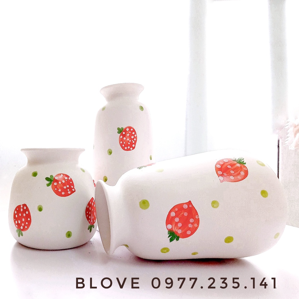Bình hoa dâu tây,Lọ hoa gốm sứ bát tràng cao cấp, vẽ họa tiết thủ công - Trang trí nhà cửa,Decor,Quà tặng doanh nghiệp
