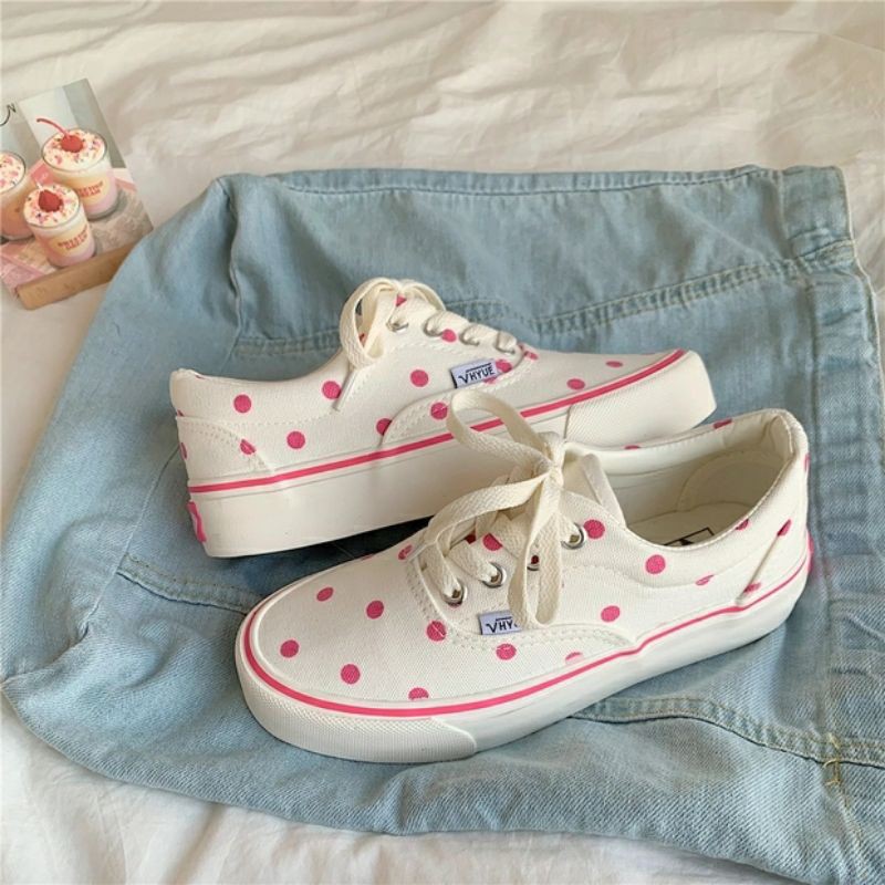 6:30PM Order Mã 062 Giày sneaker ulzzang dáng vans basic đế bánh mì họa tiết chấm bi hồng pastel xinh xắn