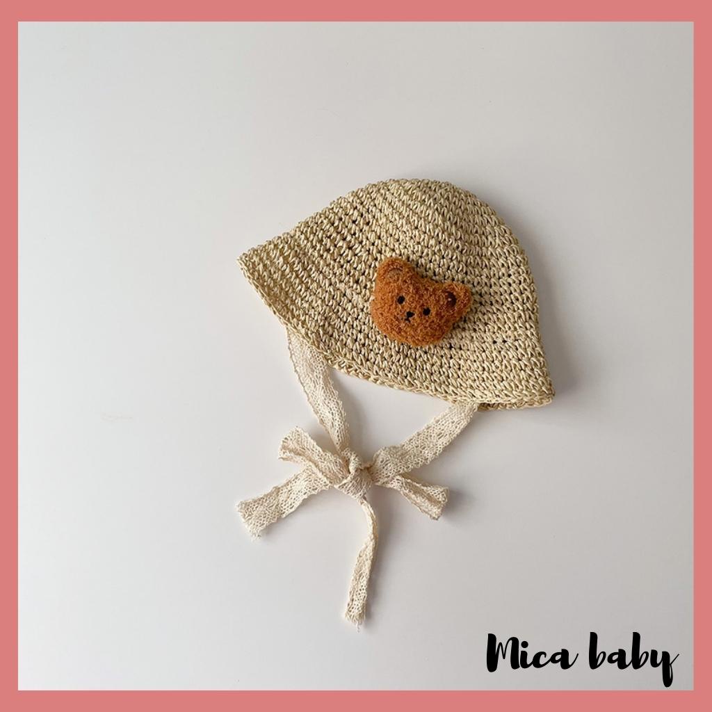 Mũ bucket chất cói mềm đính gấu bông xù dễ thương cho bé MH178 Mica Baby