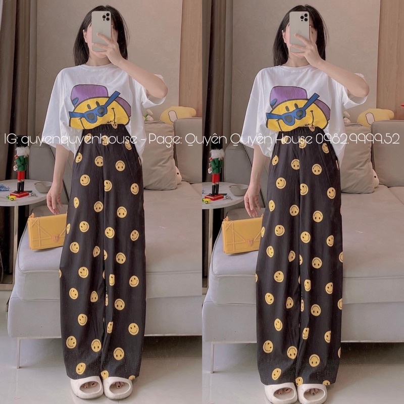 Set áo thun cotton mặt cười mang kính quần suông