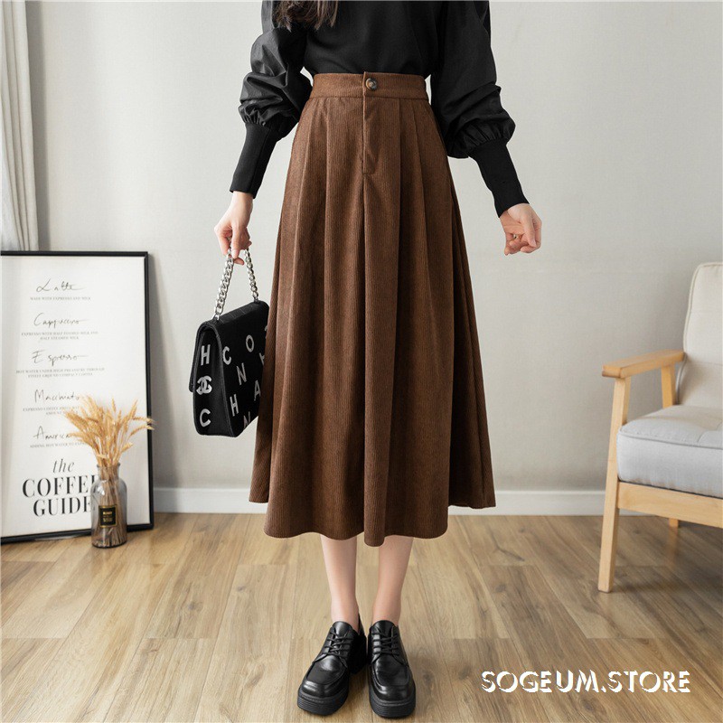 Chân váy dài lưng cao chất nhung tăm, chân váy dáng xòe tiểu thư vintage - sogeum.store | BigBuy360 - bigbuy360.vn
