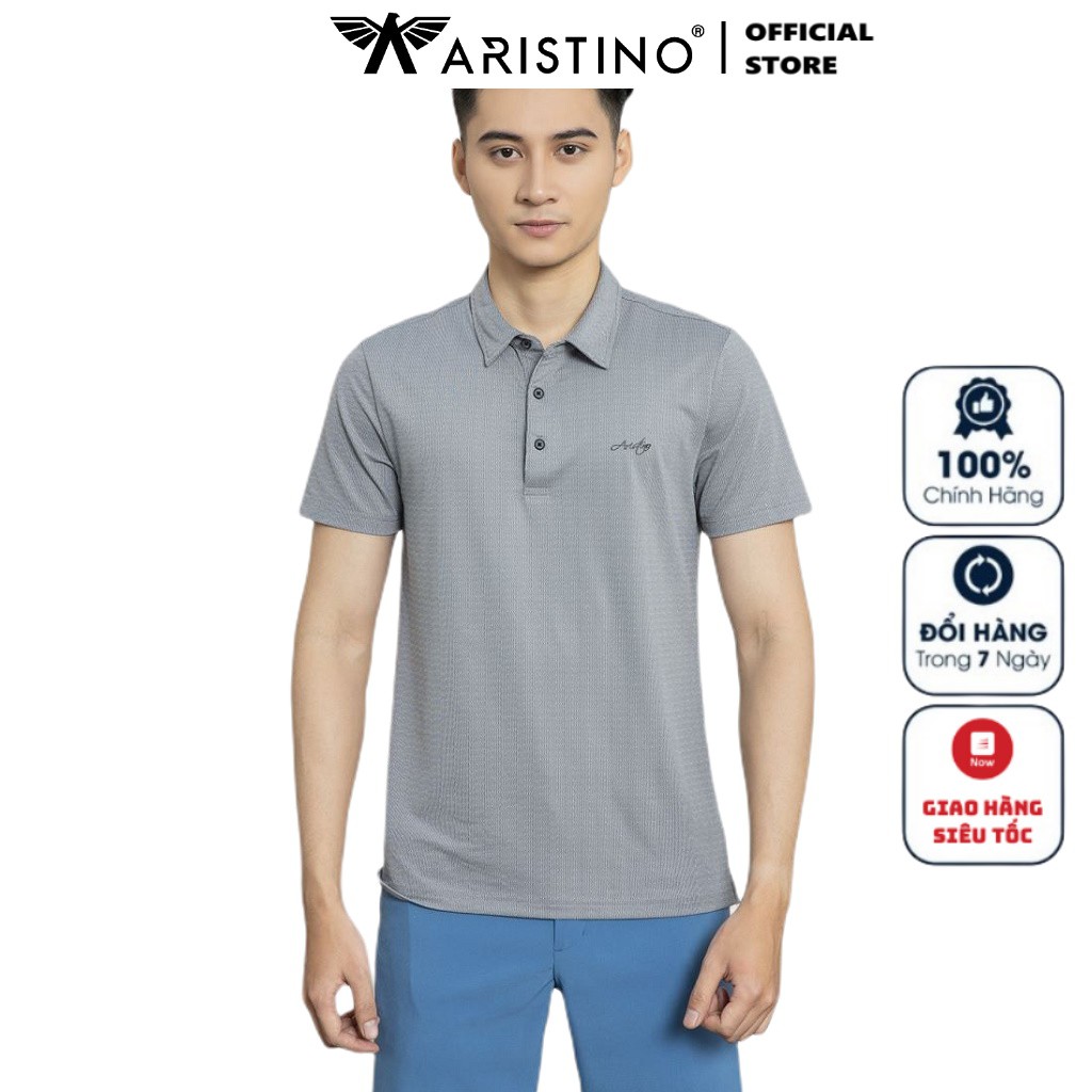 Áo Thun Nam Tay Ngắn Có Cổ Aristino APS032S1 Màu Xám 153 Jacquard Họa Tiết Vải Polyester Dáng Regular Fit