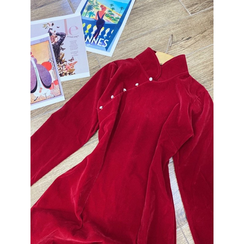 Đầm thiết kế đầm nữ nhung đỏ sườn xám mặc diện tết dự tiệc dạo phố cực xinh mã [SƯỜN XÁM | BigBuy360 - bigbuy360.vn