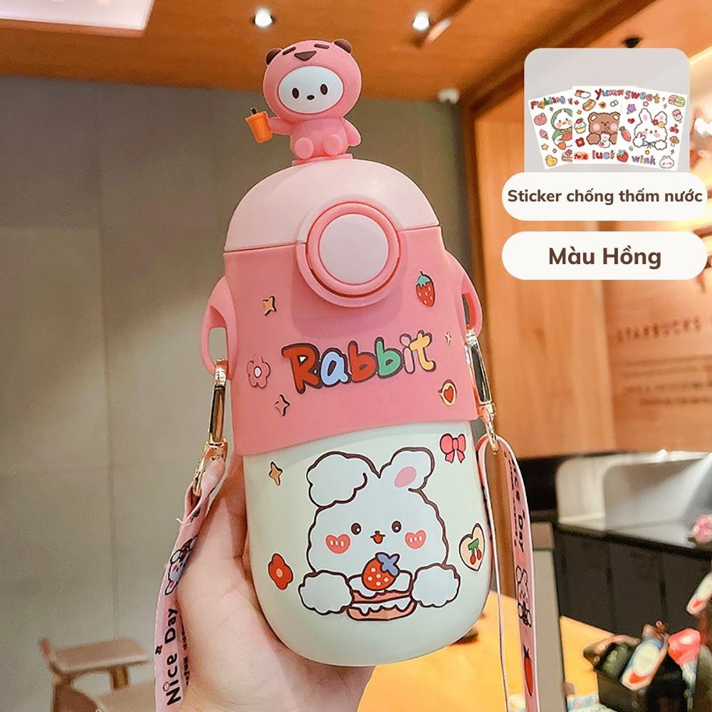 Bình Giữ Nhiệt POR043 500ML Cho Bé Kèm Dây Đeo Tiện Lợi, Bình Nước Dán Sticker Xinh Xắn