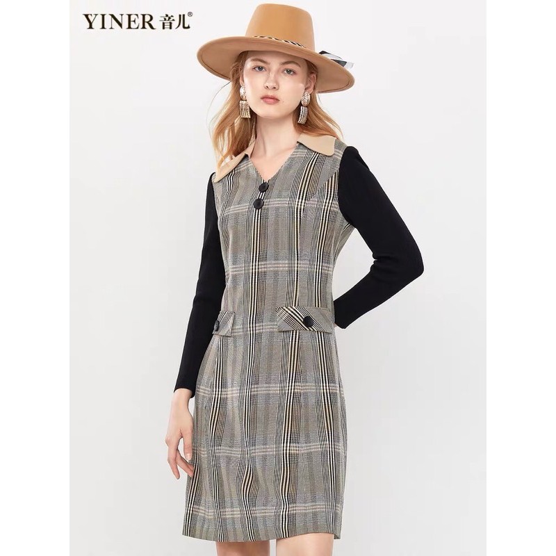 Đầm sọc caro mix tay len Yiner