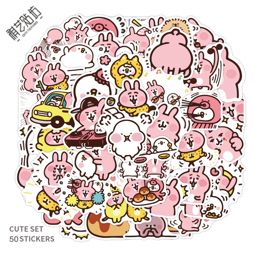 Stickers icon hoạt hình Piske và Usagi Kanahei Rabbit thỏ hồng 50 miếng không thấm nước