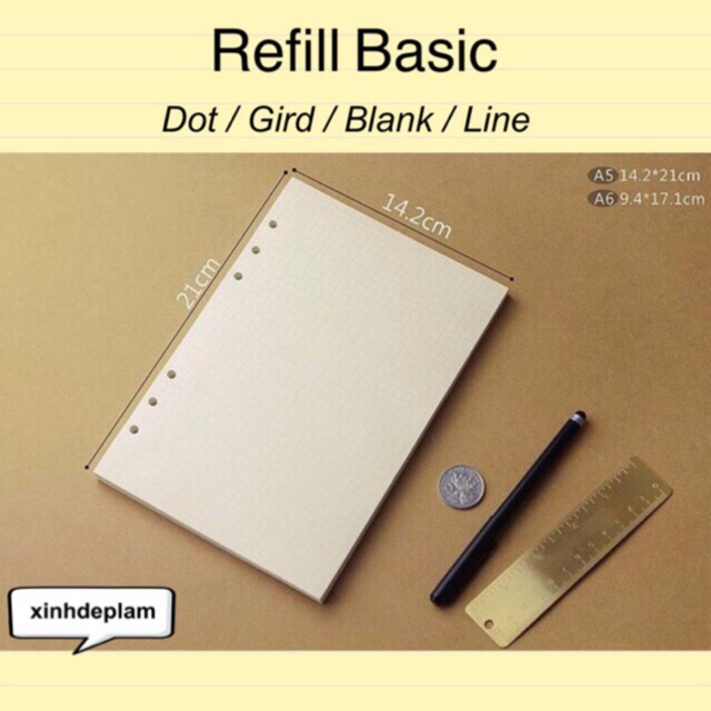 Giấy refill Basic Dot / Grid / Line / Blank cho sổ planner, sổ còng