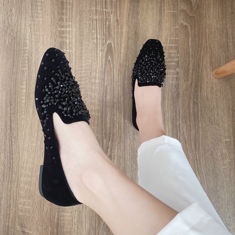 Giày lười slipon nhung đính đá Da Mềm Êm Fullbox Bill Túi Cao Cấp