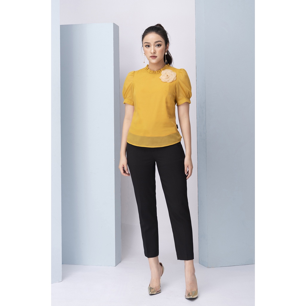 Áo Sơ Mi Tay Phồng Nữ LIPERI Thiết kế cổ tròn đính hoa ngực chất lụa tơ cao cấp mềm mịn nhẹ mát không nhăn LFSM1198