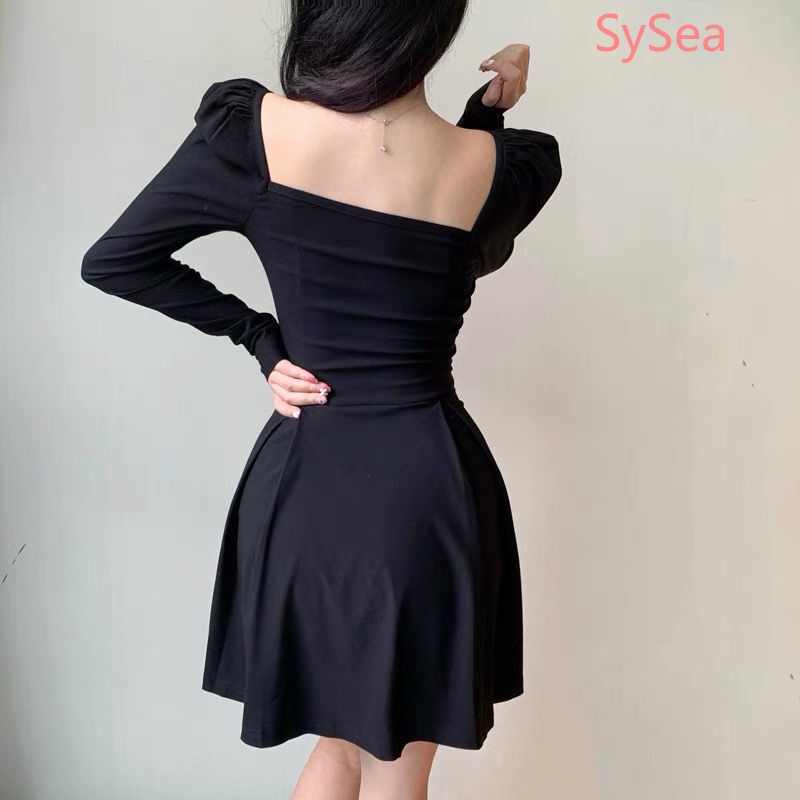 Đầm công chúa dáng chữ a tay dài cổ vuông phong cách retro dành cho nữ