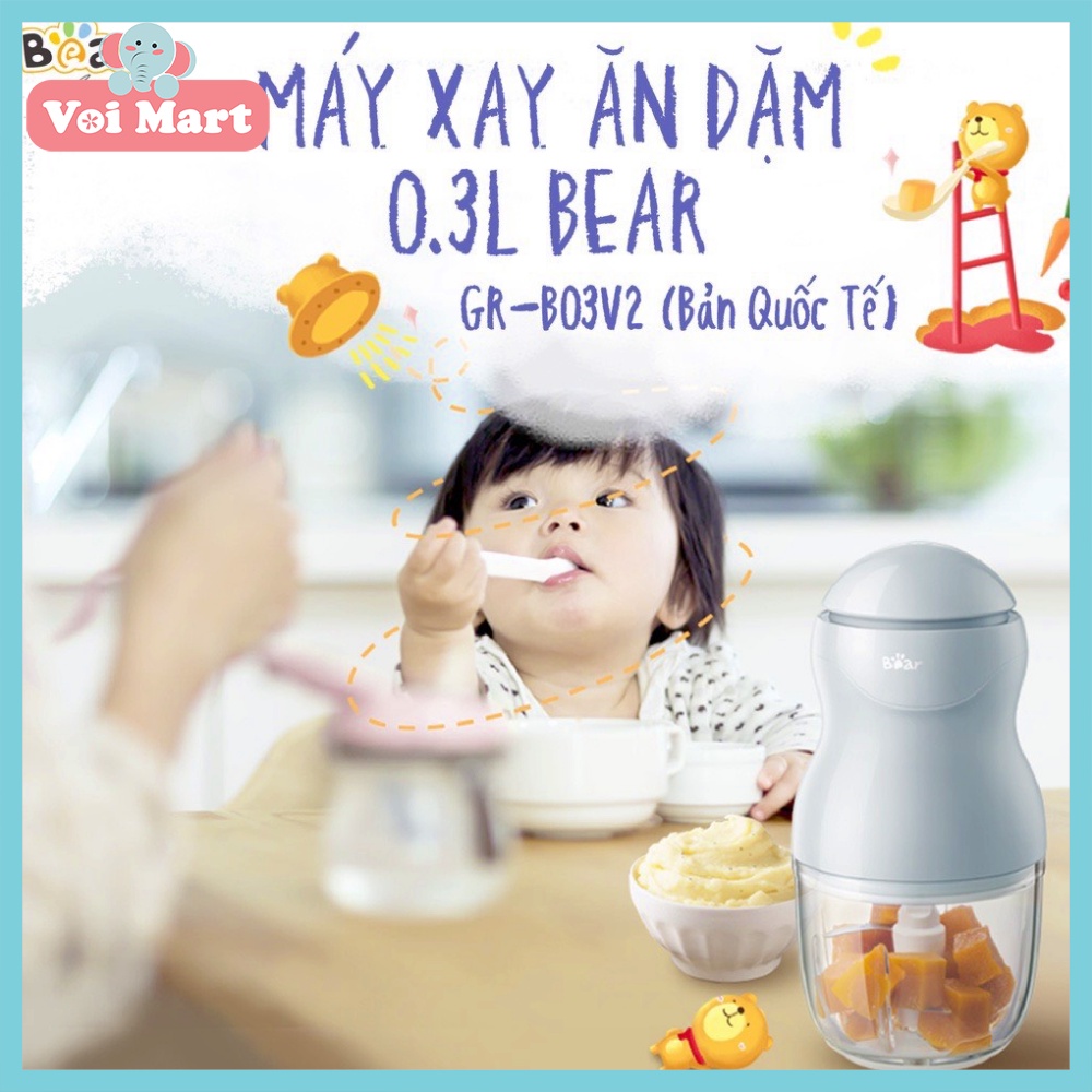 (BH 18 Tháng) Máy Xay Đồ Ăn Dăm Đa Năng Bear Cầm Tay Tiện Lợi Thiết Kế 3 Lưỡi Dao Sắc Bén, Cối Thuỷ Tinh 0.3l - B03V2