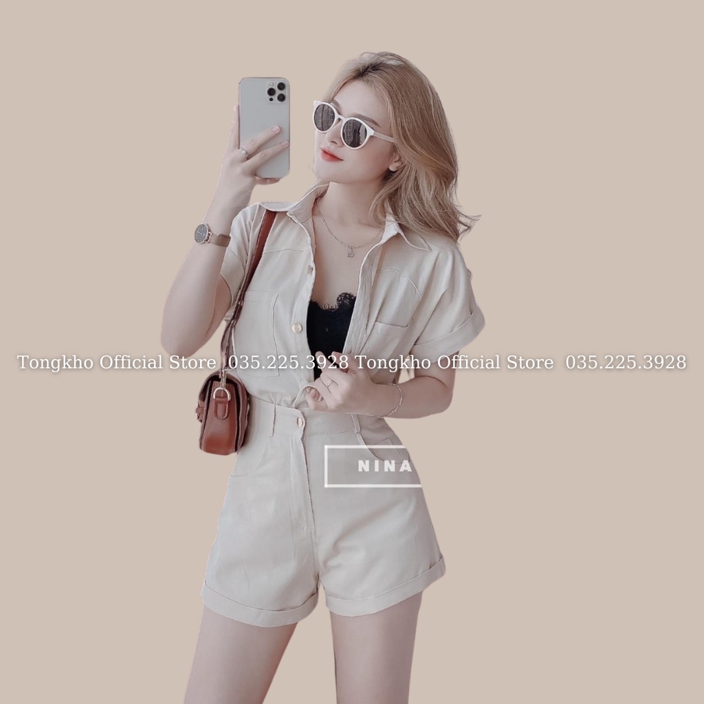 Bộ Jumpsuit nữ BIGSIZE cổ sơ mi liền quần gập gấu cực xinh 181 | BigBuy360 - bigbuy360.vn