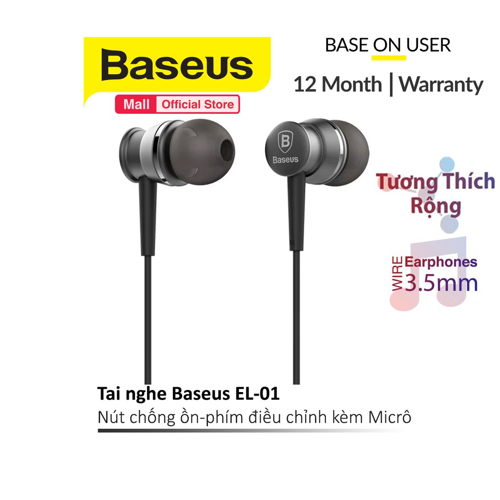 Tai nghe Baseus EL-01 âm thanh Hifi jack chuẩn 3.5mm nút chống ồn kèm phím điều chỉnh thông minh và mic thoại