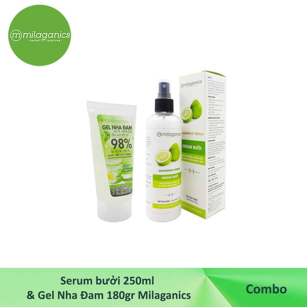 Combo Serum bưởi kích thích mọc tóc 250ml và Gel Nha Đam dưỡng da 180g Milaganics | BigBuy360 - bigbuy360.vn