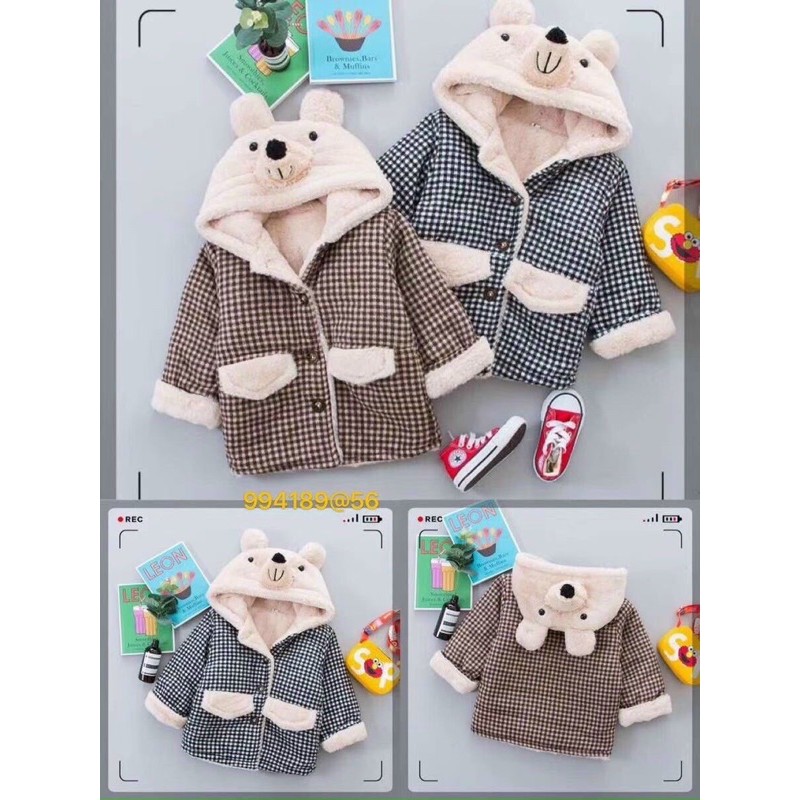 Áo khoác dạ mũ gấu lót lông dày ấm hàng Quảng Châu