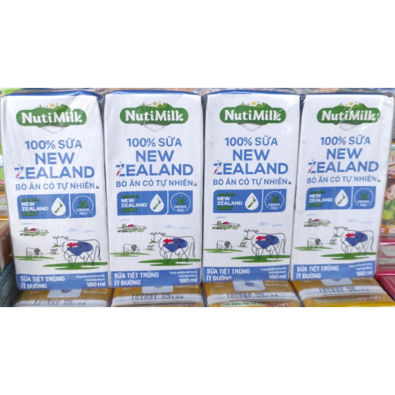 Sữa tiệt trùng ít đường 100% sữa New Zealand bò ăn cỏ tự nhiên lốc 4 hộp x 180ml