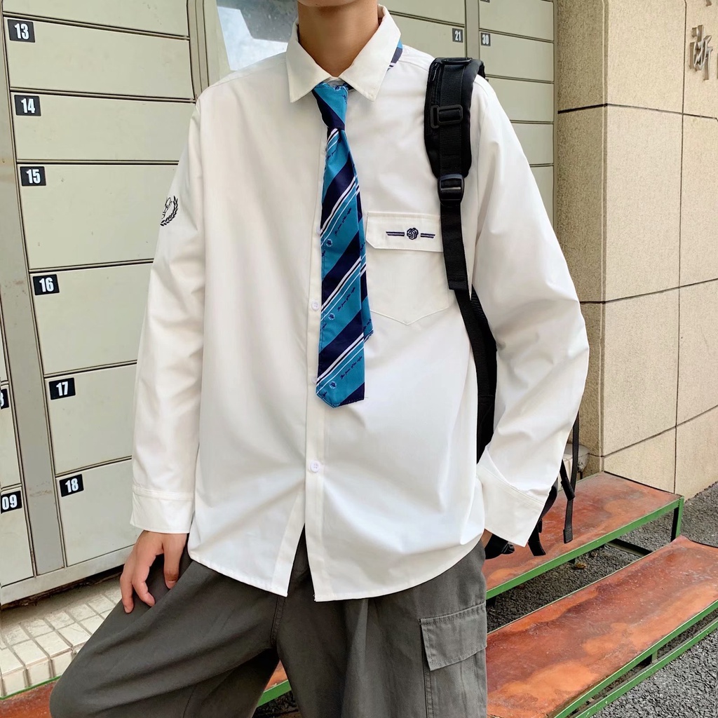 White Long Sleeve Shirt + Men's Fashion Tie Size M-2Xl