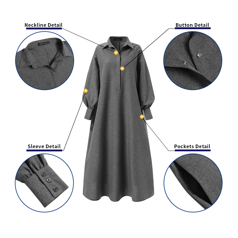 Đầm dài Zanzea cài nút cổ bẻ tay phồng thời trang cho nữ