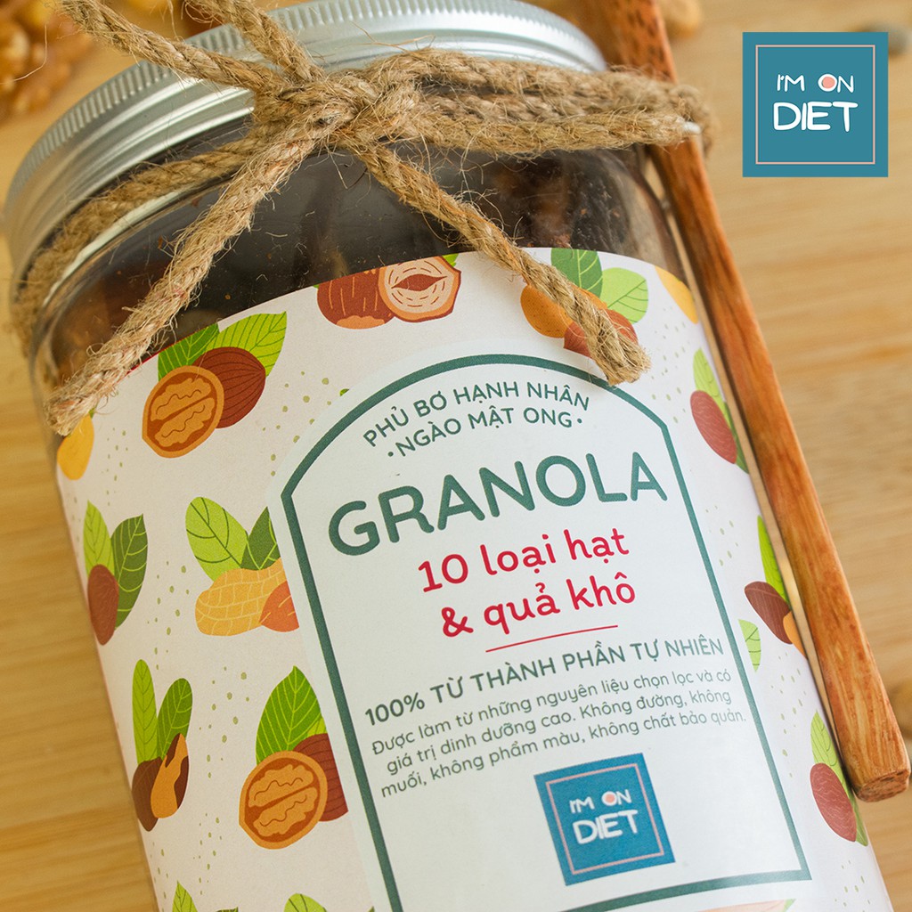 GRANOLA KHÔNG ĐƯỜNG ĂN KIÊNG | PHỦ BƠ HẠNH NHÂN - NGÀO MẬT ONG I 10 LOẠI HẠT &amp; QUẢ KHÔ | 'M ON DIET | 250g - 500g