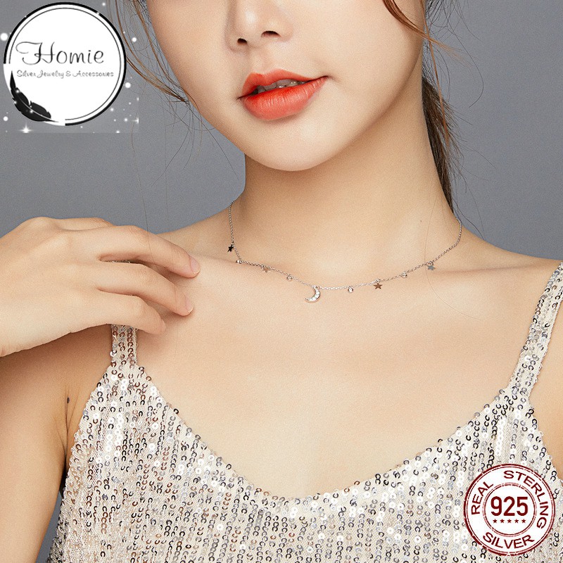 [Bạc Ý 925] Vòng cổ bạc đính đá dành cho nữ Star & Moon (Mã SCN420)