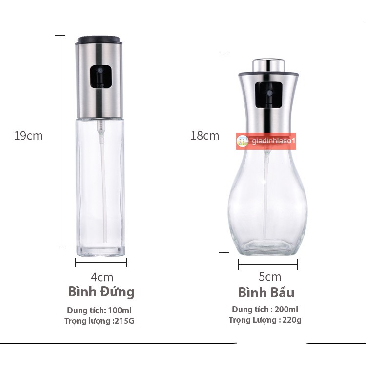 Bình Xịt Dầu Ăn Thủy Tinh Nắp Inox, Xịt Phun Sương